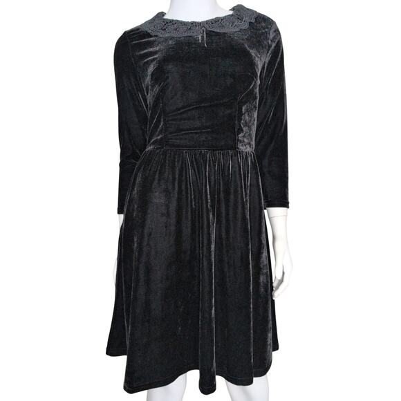 Velvet Lace Collar Midi Dress 4 Preppy Goth Academia Dark Coquette Grunge Retro - Picture 1 of 6